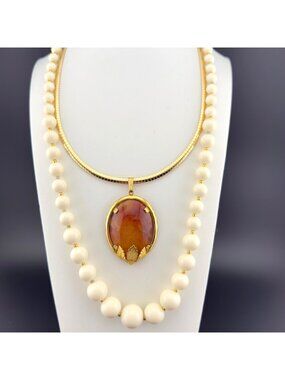 Vintage Glass Cabochon Pendant Necklace Set Orange Brown Beaded Gold Tone